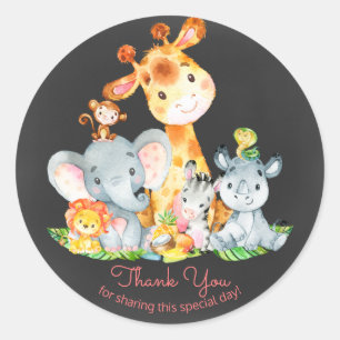Sticker Rond Chalkboard Watercol Cute Jungle Animaux Merci