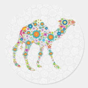 Sticker Rond Chameau Floral Retro coloré et Damas blancs 2