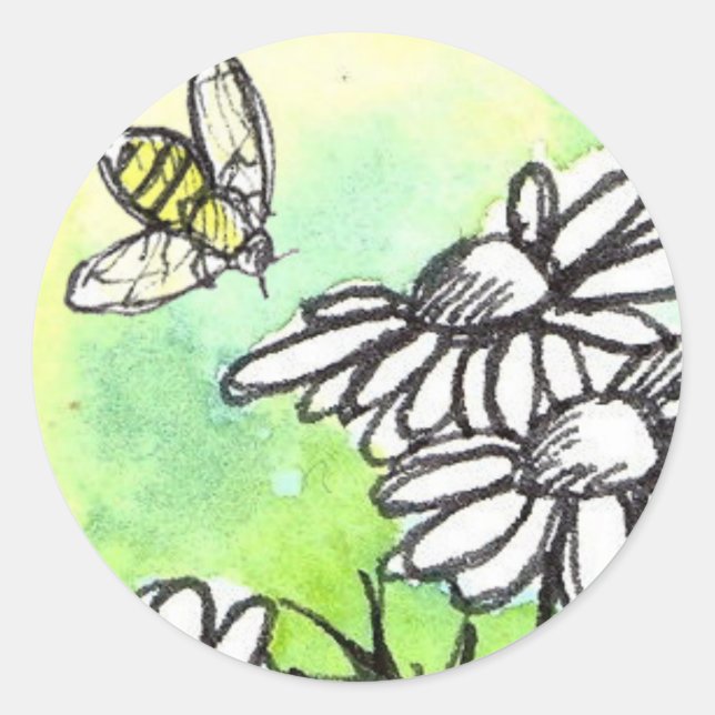 Sticker Rond Chamomille Fleur Miel Aquarelle Abeille Lime Vert (Devant)