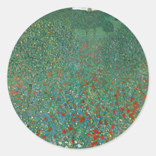 Sticker Rond Champ de coquelicots par Gustav Klimt, Art Nouveau
