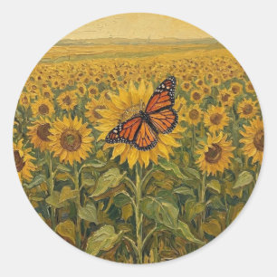 Sticker Rond Champ de tournesols avec papillon monarque