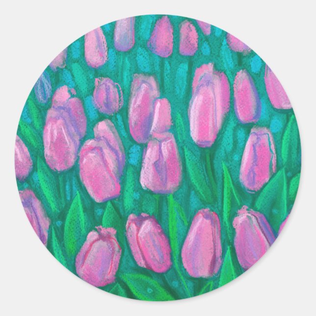 Sticker Rond Champ de tulipes roses, Fleurs de printemps peintu (Devant)