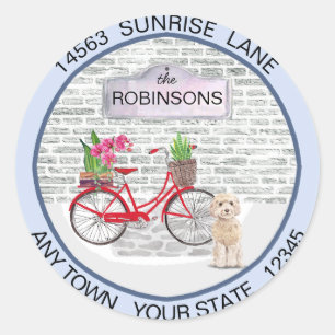 Sticker Rond Champaig Cockapoo Moving Bicycle Nouvelle adresse