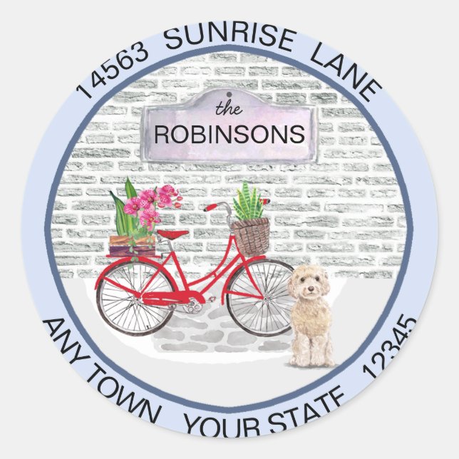 Sticker Rond Champaig Cockapoo Moving Bicycle Nouvelle adresse (Devant)