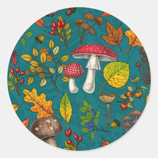 Sticker Rond Champignons d'automne, feuilles, noix et baies sur (Devant)