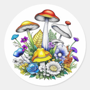 Sticker Rond Champignons et fleurs magiques