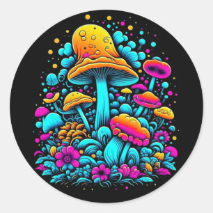 Sticker Rond Champignons et fleurs rétro Neon
