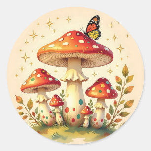Sticker Rond Champignons Rétro et Papillon   Couleurs Vintage