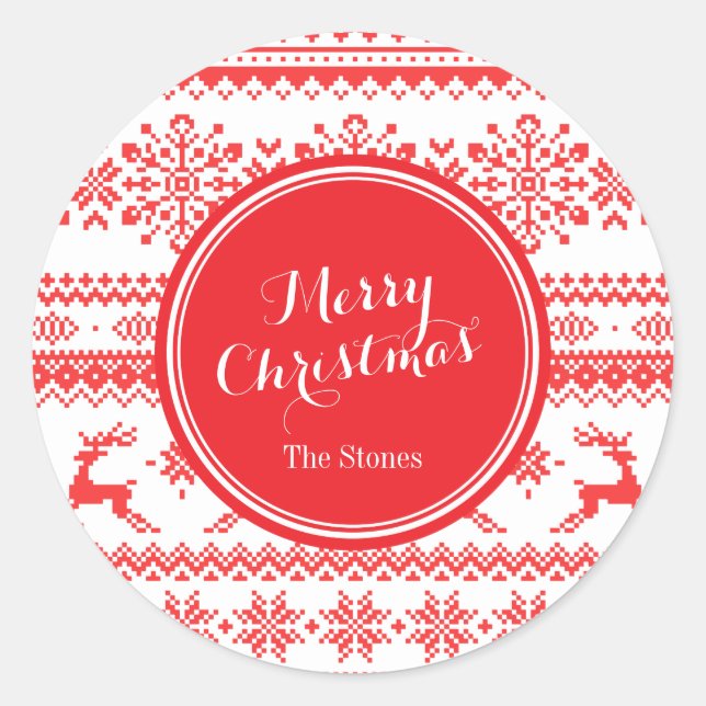 Sticker Rond Chandail de Noël rouge brun motif monogramme (Devant)