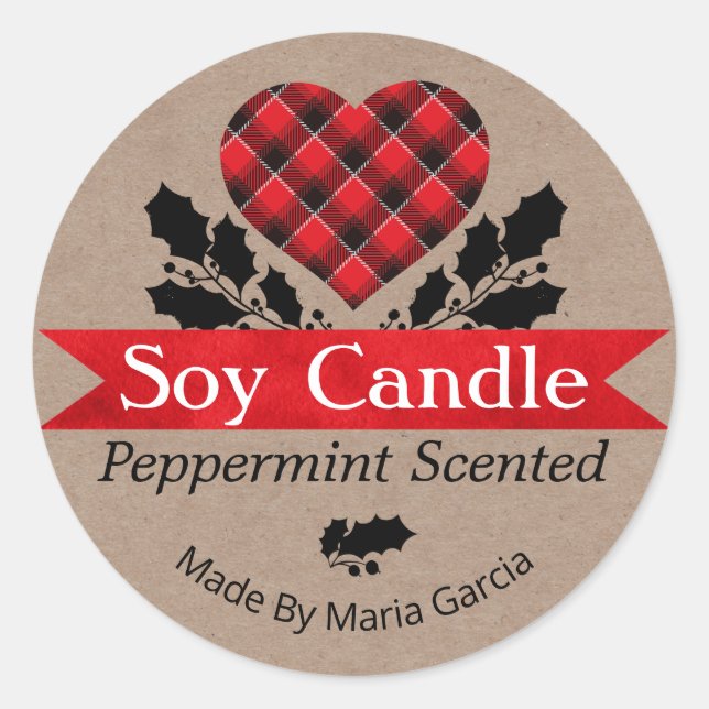 Sticker Rond Chandelle de soja de Noël Kraft Plaid Peppermenthe (Devant)