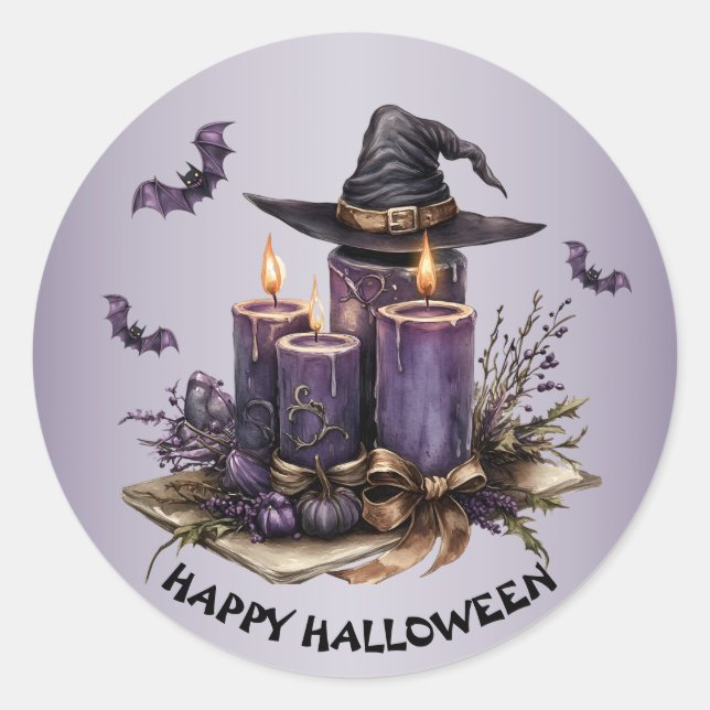 Sticker Rond Chandelles violettes d'Halloween chauves-souris Éf (Devant)