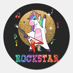Sticker Rond Chanteur de musique de Unicorn Rock Star Guitar Ro