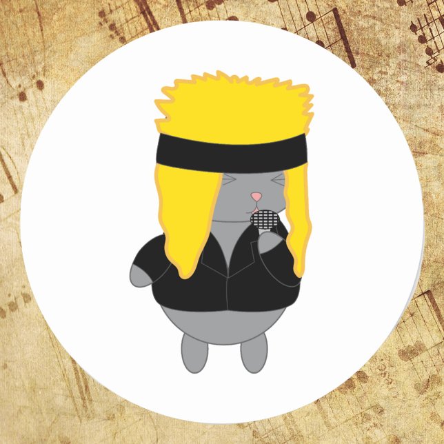 Sticker Rond Chanteur du groupe de coiffure Kawaii (A cute sticker with a kawaii style cat dressed up as a member of a 1980s hair band)