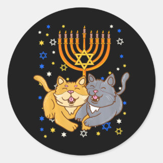 Sticker Rond Chanukah Juif Menorah Kitten Chat drôle Hanoukka
