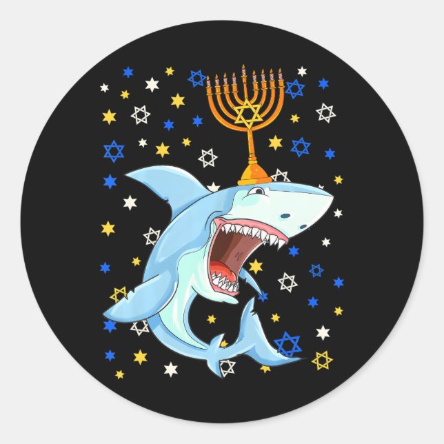 Sticker Rond Chanukah Juif Menorah Requin drôle Hanoukka (Devant)