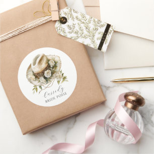 Sticker Rond Chapeau de Cowgirl Floral Cortège de Mariée Nom Pe