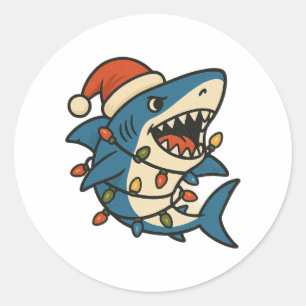 Sticker Rond Chapeau de Noël de requin drôle de Père Noël