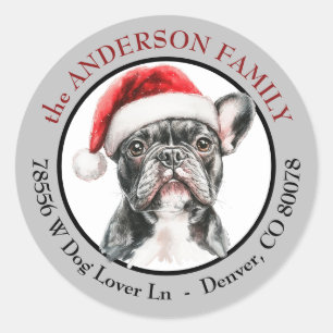 Sticker Rond Chapeau de Père Noël Bouledogue Français Adresse d