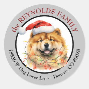 Sticker Rond Chapeau de Père Noël Chow Chow Chien Noël Adresse