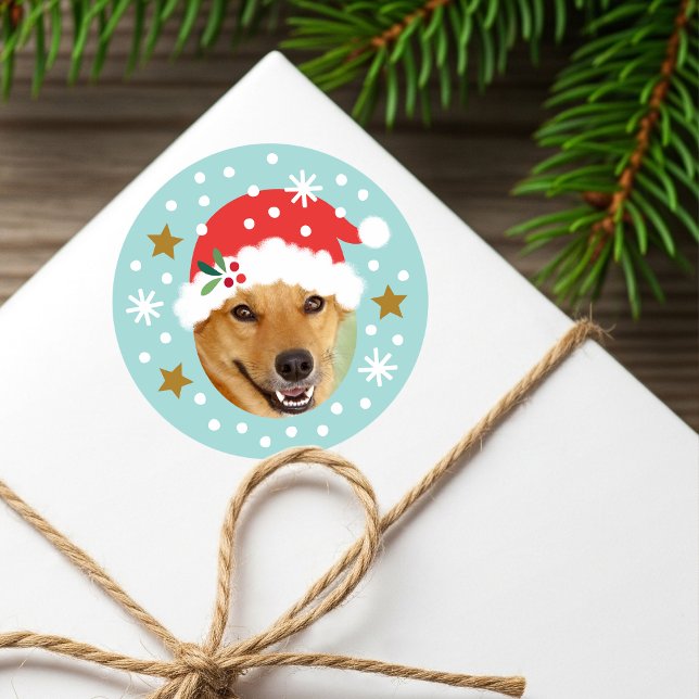 Sticker Rond Chapeau de Père Noël photo personnalisé drôle bleu (Créateur téléchargé)