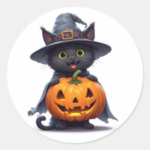 Sticker Rond Chapeau de sorcière de chat noir Citrouille Décora