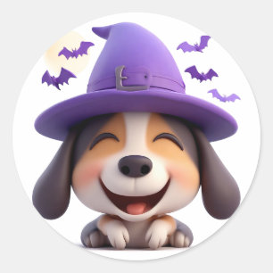Sticker Rond Chapeau de Sorcière de Chien Heureux Thème de déco