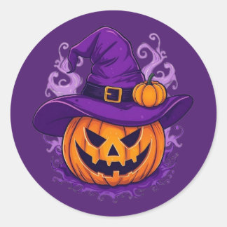 Sticker Rond Chapeau de sorcière d'Halloween Citrouille Jack-O'