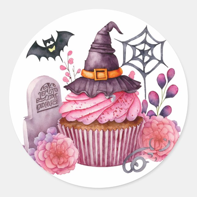 Sticker Rond Chapeau de sorcière, gateau, fleurs Halloween (Devant)
