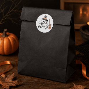 Sticker Rond Chapeau et Balai en Aquarelle pour Halloween « Sor