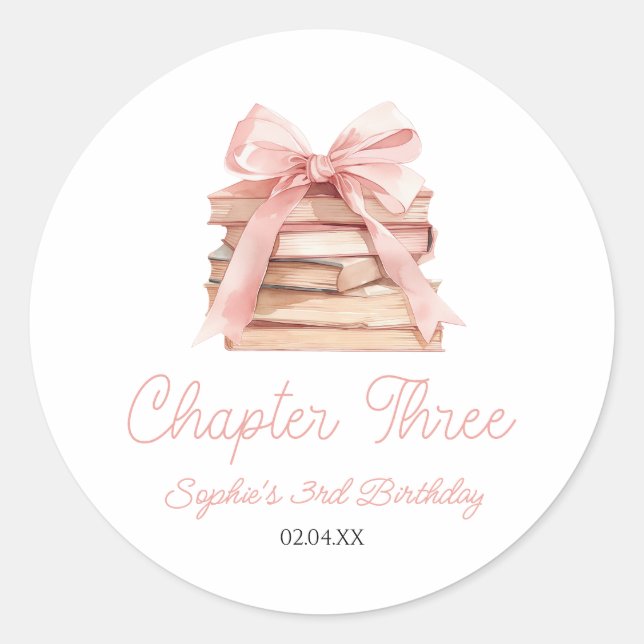Sticker Rond Chapter Three Pink Bow Books 3rd Birthday Party (Devant)