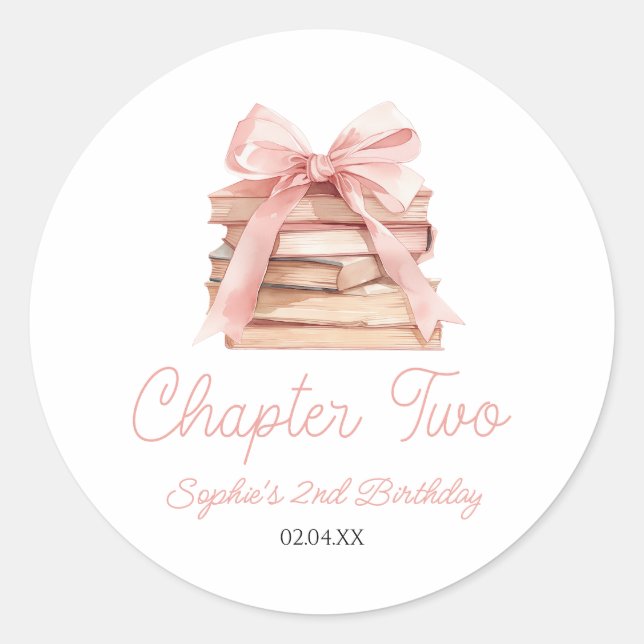 Sticker Rond Chapter Two Pink Bow Books 2nd Birthday Party (Devant)