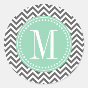 Sticker Rond Charcoal Grey Chevron Zigzag Personnalisé Monogram