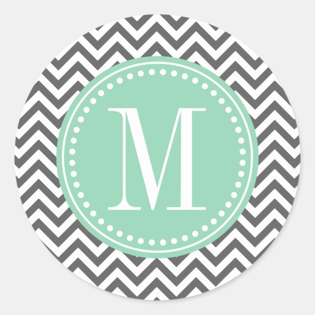 Sticker Rond Charcoal Grey Chevron Zigzag Personnalisé Monogram (Devant)