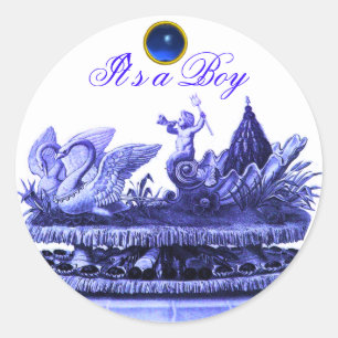 STICKER ROND CHARIOT BLEU DE SWANS /CUPCAKES BABY SHOWER GARÇON