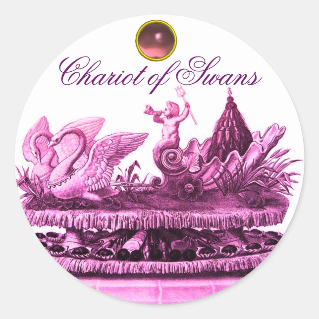 STICKER ROND CHARIOT DE SWANS ET CUPCAKES MARIAGE DE PLAGE ROSE (Devant)
