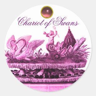STICKER ROND CHARIOT DE SWANS ET CUPCAKES MARIAGE DE PLAGE ROSE
