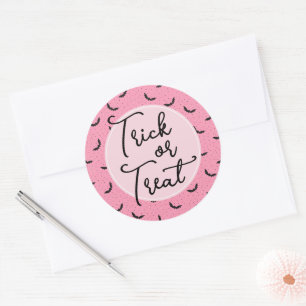 Sticker Rond Chariot Ou Treat Pink Bats Halloween