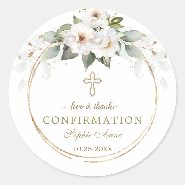 Sticker Rond Charm Wild White Roses Gold Cross Confirmation (Devant)