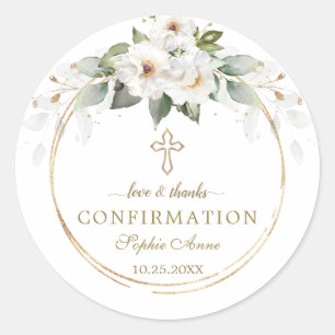 Sticker Rond Charm Wild White Roses Gold Cross Confirmation