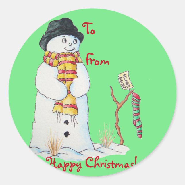 Sticker Rond Charmant bonhomme de neige avec réserve de Noël da (Devant)