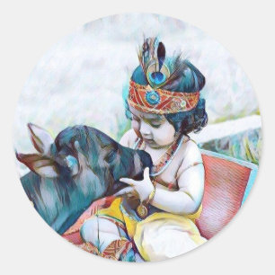 Sticker Rond charmant lord krishna avec la vache classique coll