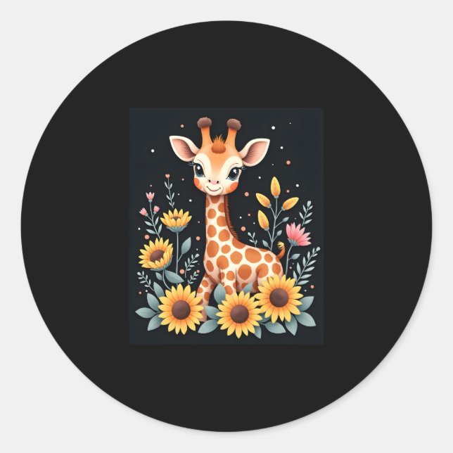 Sticker Rond Charmante Giraffe Entourée De Fleurs Longues Manch (Devant)