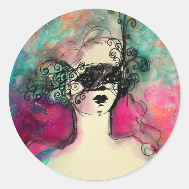 Sticker Rond CHARME /Dame Avec Masque Rose Vert Turquoise (Devant)