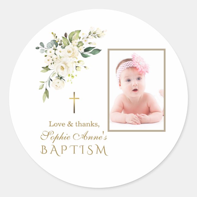 Sticker Rond Charme Fleurs Blanches Fille Photo Baptême (Devant)