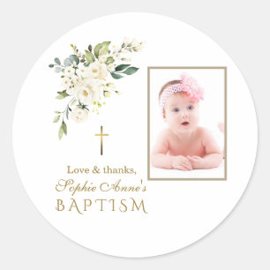 Sticker Rond Charme Fleurs Blanches Fille Photo Baptême