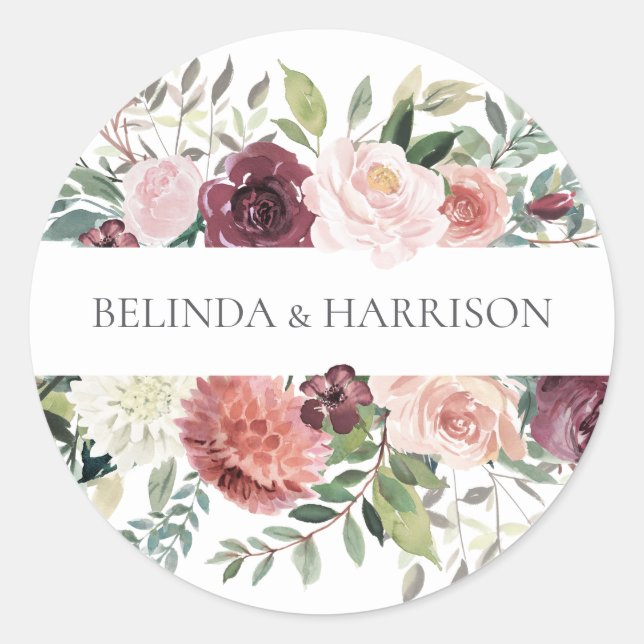 Sticker Rond Charme rustique Bourgogne Blush rose Mariage Flora (Devant)