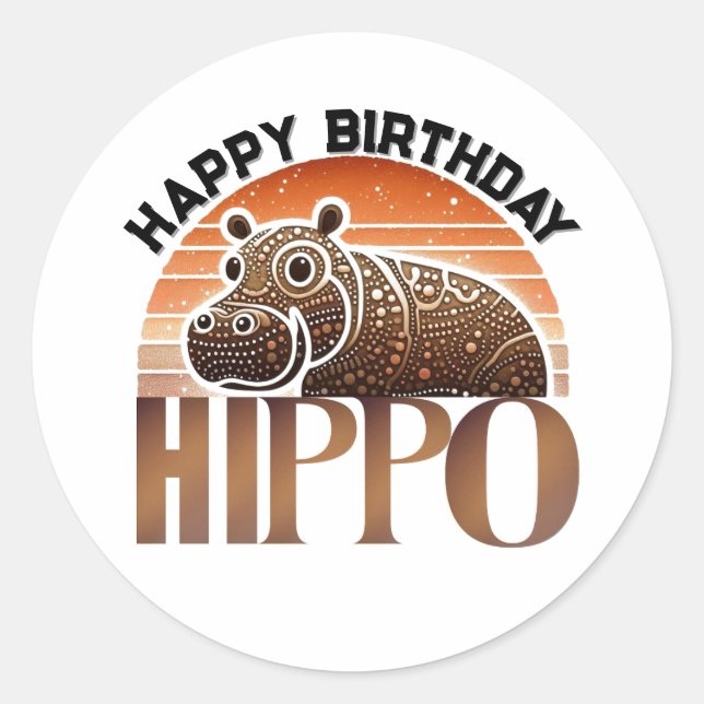 Sticker Rond Charme Rustique Hippopotame Joyeux Anniversaire (Devant)