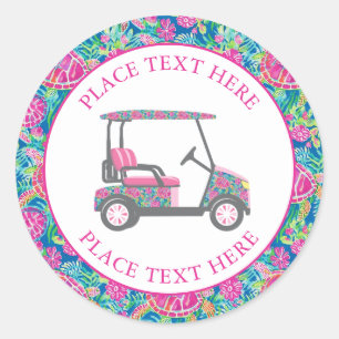 Sticker Rond Charrettes de golf de tortues de mer preppy