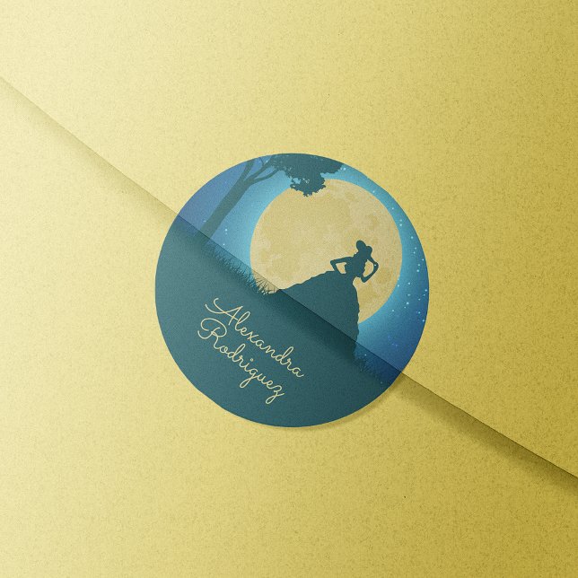 Sticker Rond Charro Silhouette avec Lune Quinceañera (Créateur téléchargé)