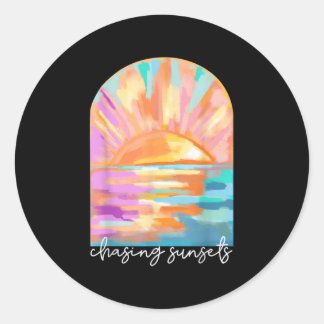 Sticker Rond Chasing Sunsets Summer Vacances Hawaii Beach Amusa